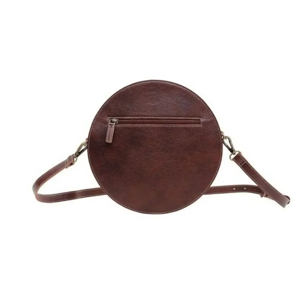 Myra Bag Handmade Lily Bloom Round Bag Upcycled Canvas & Cowhide Leather